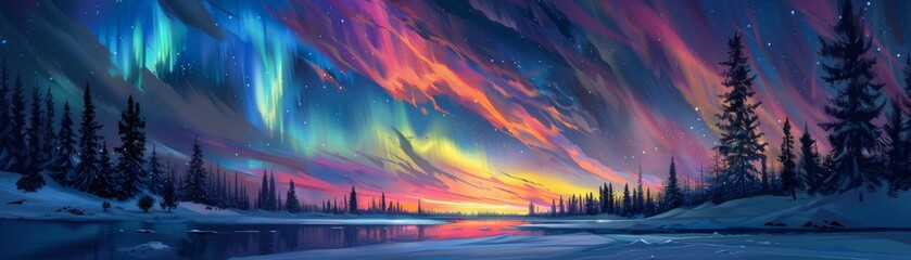A vibrant depiction of the Northern Lights dancing across the sky at night - obrazy, fototapety, plakaty