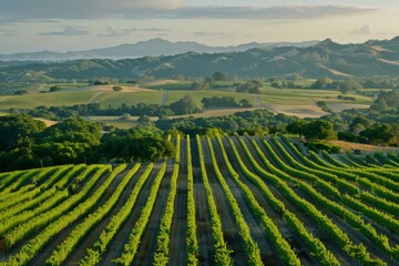 A scenic view of vibrant vineyards at sunset, featuring neatly arranged rows of grapevines...
