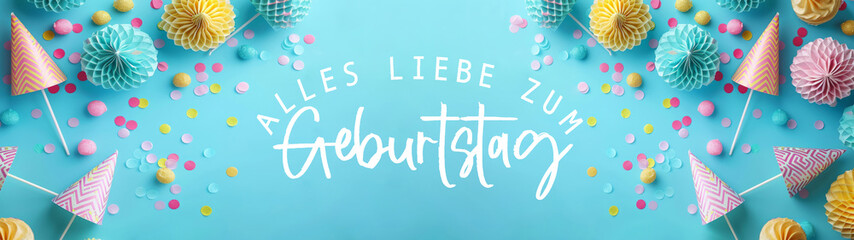Alles Liebe zum Geburtstag Grußkarte Glückwunsch karte mit deutschem Text - Rahmen aus Partyhüten und Konfetti auf hellblauem Tisch, Draufsicht