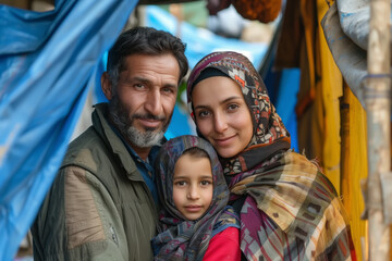 Arab migrant family are standing next to each other in a refugee camp, appearing to engage in conversation or observation