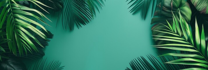 Fototapeta na wymiar Lush green palm leaves create a natural frame with ample copy space for text against a vibrant teal background