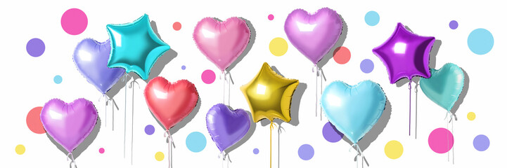 Colorful air foil balloons, isolated on white background. Love holiday celebration concept. Minimal...