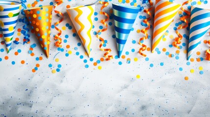 Birthday celebration party carnival background greeting card -  Party hats and confetti on bright blue table, top view