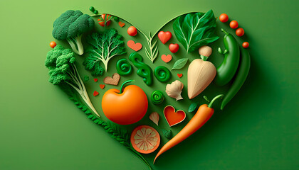 Heart shaped vegetables on a green background high resolution. Generative AI,
