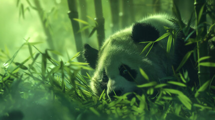 A cartoon panda is hiding behind some bamboo plants. The panda is black and white with big, round eyes. It is standing on all fours and its head is turned slightly to the left. The bamboo plants have 