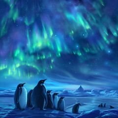 A group of penguins standing on ice with a beautiful aurora in the night sky.

