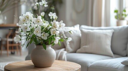 Fototapeta premium A photo of a vase of white flowers on a coffee table in front of a white couch.