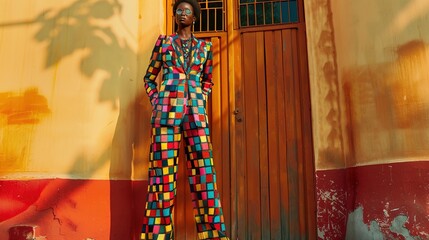 a bold and vibrant pantsuit in a geometric print, featuring wide-legged trousers and a fitted blazer, making a statement in professional settings. 