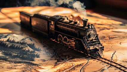 Detailed miniature model of a vintage steam locomotive, gracefully gliding over a meticulously crafted landscape. The locomotive emits a soft, nostalgic steam as it traverses the tracks