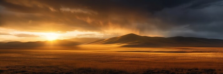 Naklejka premium A captivating photo of the sun setting behind mountains with dramatic clouds casting a golden glow over vast plains