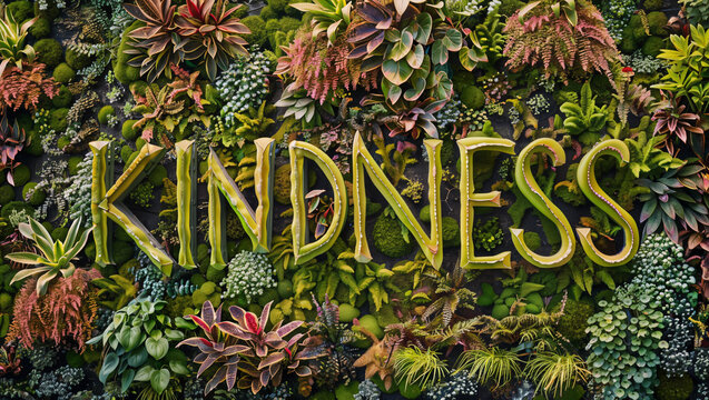 A collage of flowers and plants illustrating the word "KINDNESS"