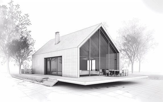 3d rendering of modern clinker house. Black line sketch with soft light shadows on white background