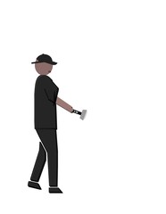 A man in a black shirt and hat is holding a large white object