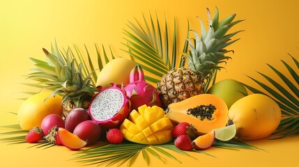 A variety of tropical fruits on a yellow background, including pineapple, mango, papaya, dragon fruit, passion fruit, and strawberries.