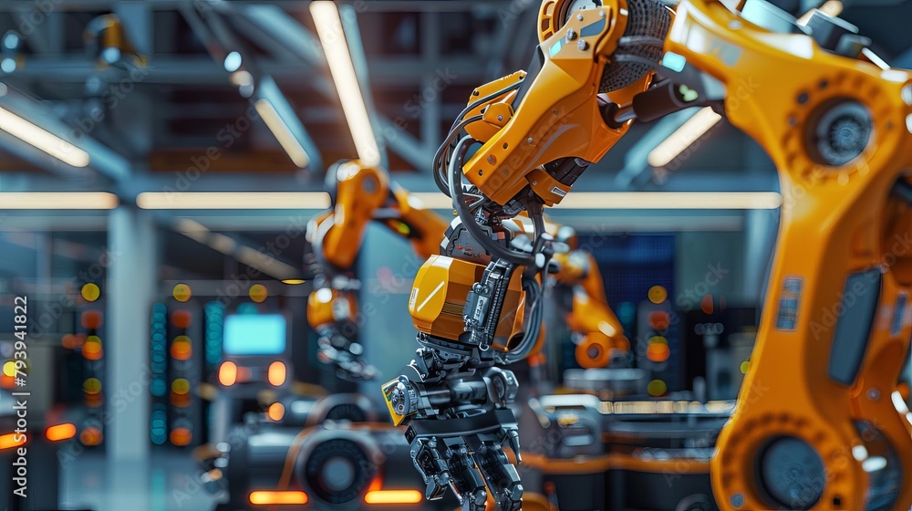 Poster advanced robotic arm in modern smart factory electronic assembly line automation concept 3d illustra