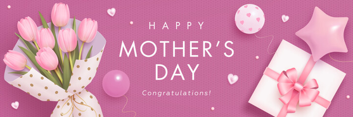 Mothers day horizontal billboard or web banner with realistic 3d pink tulips, gift box and balloons on pink background. Festive elegant wallpaper. Vector illustration