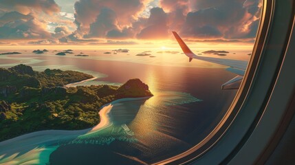 airplane wing over tropical islands at sunset aerial ocean view from plane window digital illustration