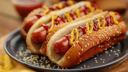 appetizing hot dog with ketchup and mustard served on a plate with sesame seed bun food photography
