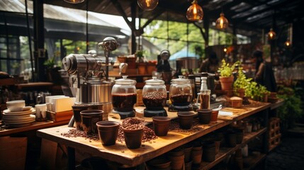 A wooden table displaying an array of various types of coffee beans and grounds