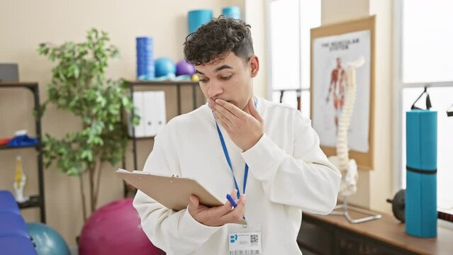 Shocked and silent, young arab man, clipboard in hand, expresses fear and surprise upon realizing his mistake at the physio clinic