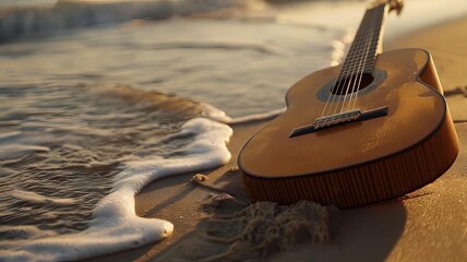 Horizontal AI illustration acoustic guitar on the beach at sunset. Hobbies and entertainments.