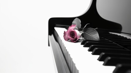 Horizontal AI illustration pink rose on piano keys. Hobbies and entertainments concept.