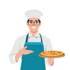 Young caucasian man cook wearing hat and chef uniform hold plate of delicious pizza.  Flat vector illustration isolated on white background