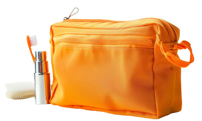 Bright orange travel toiletry bag with toothbrush and grooming items placed on a clean surface in natural light, perfect for organizing personal care essentials on the go