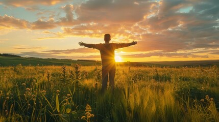carefree man standing in grassy field at sunset arms outstretched freedom and success concept ai generated