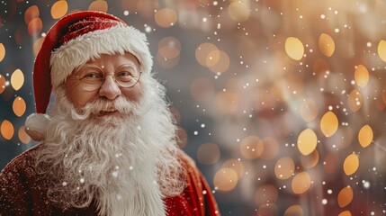 cheerful santa claus with blurred bokeh lights and copy space christmas concept