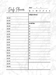 Daily planner in shades of black and white with space for your notes. Attractive background. Watercolour irregular spots like a marble pattern. Ready to print.