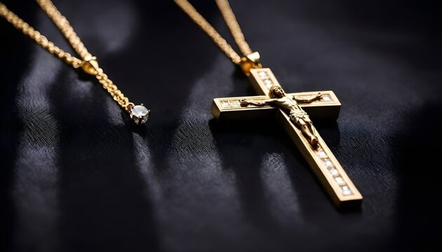 gold jewels, symbols of the catholic faith, in a black jewellery box. the box is on a black linen cloth