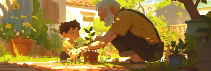 Illustration of a grandfather with his little grandson planting a sprout of a green tree, transferring experience and caring with the younger generation, banner