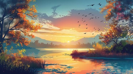 colorful autumn sunset over tranquil river landscape seasonal nature illustration - obrazy, fototapety, plakaty