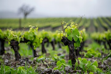 Lush green grapevines budding in spring at a vineyard, with continuous rows fading into a misty...