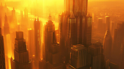The image shows a city with many tall buildings. The buildings are mostly made of glass and metal, and they are reflecting the sunlight. The sun is setting, and the sky is a bright orange color. There - obrazy, fototapety, plakaty