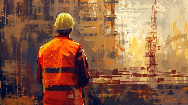 construction worker in safety gear surveying building site for occupational hazards digital painting