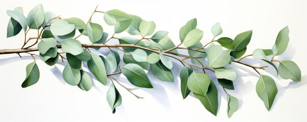 A branch of eucalyptus leaves on a white background.