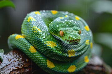 Obraz premium Emerald Tree Boa: Coiled on a tree branch with vibrant emerald green scales, contrasting with the environment