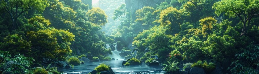 An artistic representation of a stream winding its way through a verdant woodland.