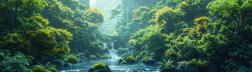 Foto op Plexiglas An artistic representation of a stream winding its way through a verdant woodland. © tonstock