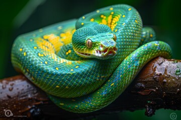 Fototapeta premium Emerald Tree Boa: Coiled on a tree branch with vibrant emerald green scales, contrasting with the environment