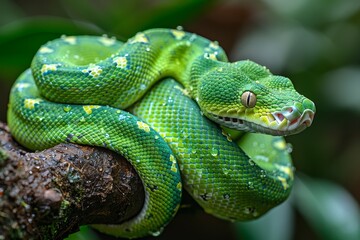 Fototapeta premium Emerald Tree Boa: Coiled on a tree branch with vibrant emerald green scales, contrasting with the environment