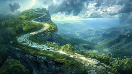 Take a breathtaking road trip along a twisting mountain pass, featuring stunning views and dangerous cliffs, beautifully captured in a digital painting.