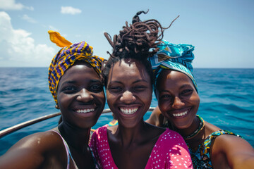 Happy smiling African American young people taking selfie against sea background, beach holiday with friends