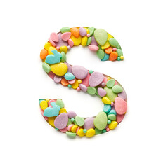 Capital letter is made of candies in the shape of Easter eggs on a white background.