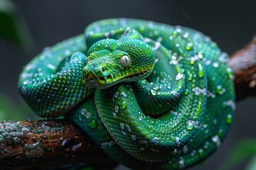 Fototapeta premium Emerald Tree Boa: Coiled on a tree branch with vibrant emerald green scales, contrasting with the environment