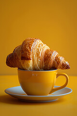 Un croissant encima de una taza de café, fondo amarillo