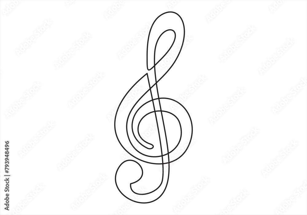 Poster continuous line drawing of treble clef. music note one line icon. one line drawing background. vecto