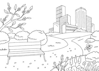 Spring park graphic black white city landscape sketch illustration vector - obrazy, fototapety, plakaty
